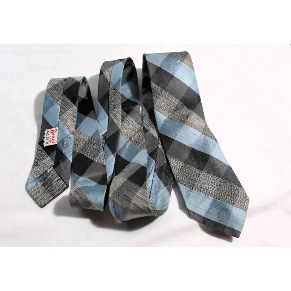 Vintage 1960s REGAL Silk Plaid Necktie, Light Blue & Gray, 2.5 X 52
